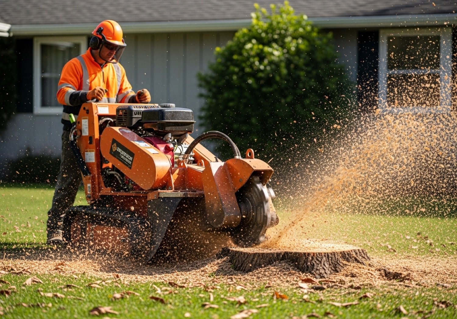 An Ole Man RB's stump grinder taking a stump down to clean, level soil in a West Michigan backyard