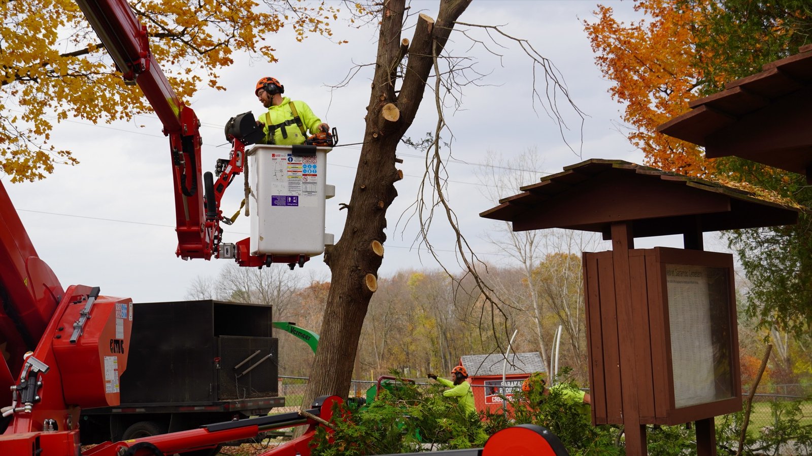 An Ole Man RB's climber taking down a large tree in sections beside a West Michigan home